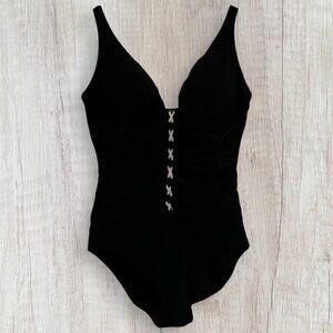 PROFILE BY GOTTEX Black Mojito Moto Shirred Swimsuit 1-PC One Piece Lace Up Swim